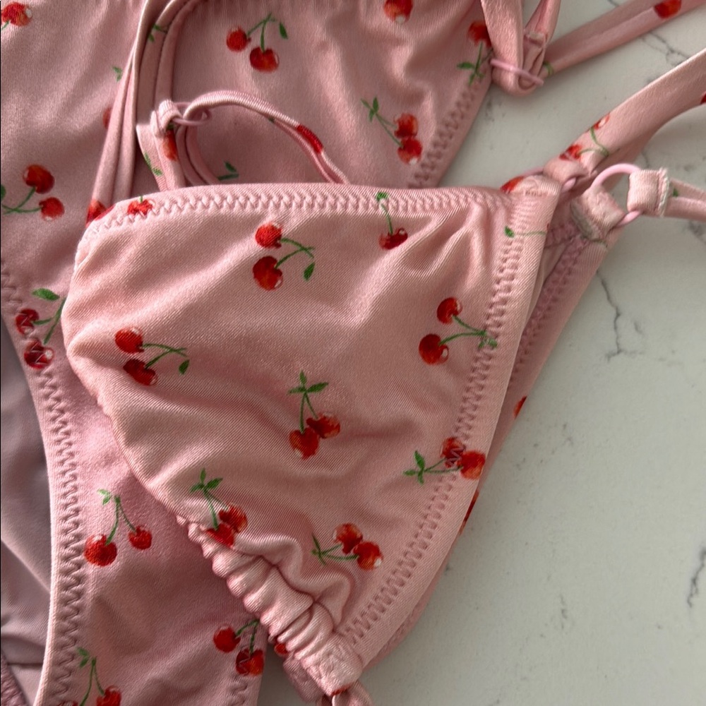 La Hearts Pink Cherry 2pc Bikini triangle  top and tie bottoms XS S CHERRIES 🍒 - Picture 5 of 5